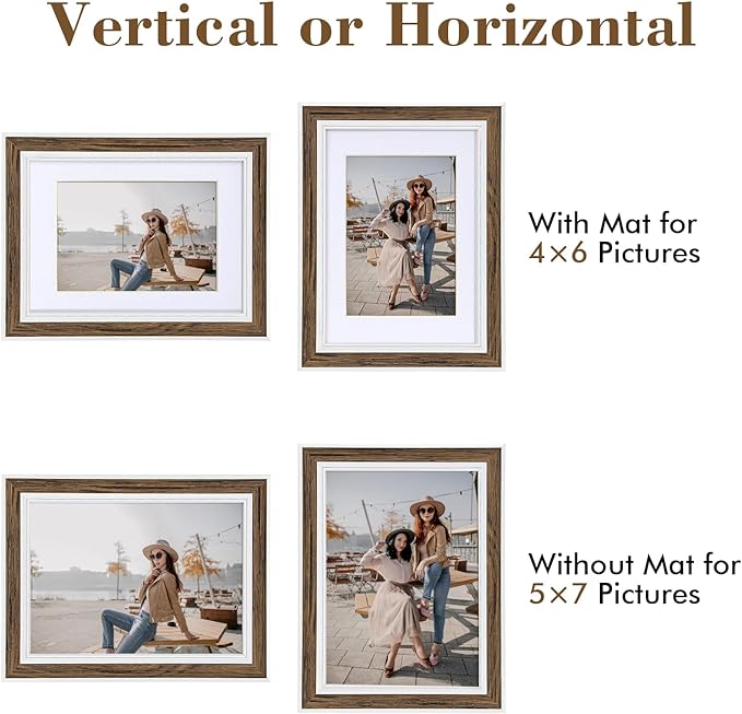 5x7 Picture Frame Set of 6, vintage picture frames Rustic Farmhouse Photo Frame, Display 4x6 with Mat or 5x7 Without Mat for Decorative on Wall Hanging Tabletop Placement