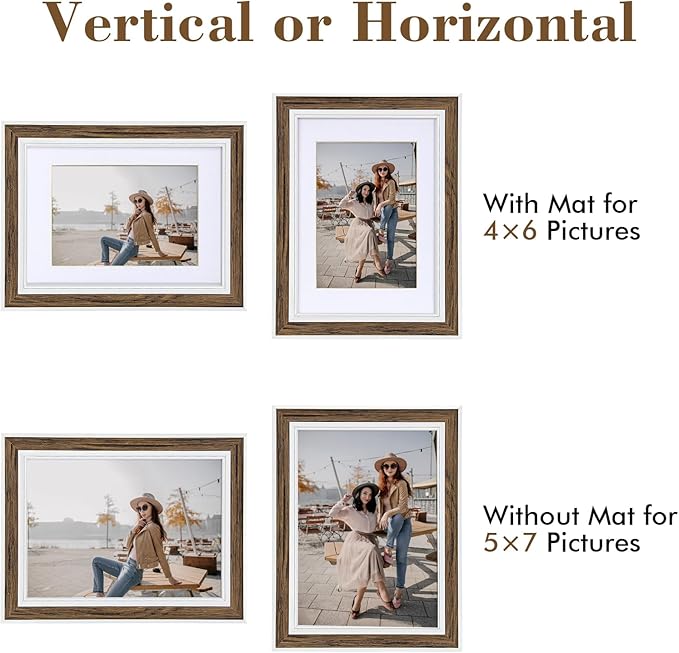 8x10 Picture Frame Set of 6, Rustic Farmhouse Photo Frame, Display 5x7 with Mat or 8x10 Without Mat for Decorative on Wall Hanging and Tabletop Placement
