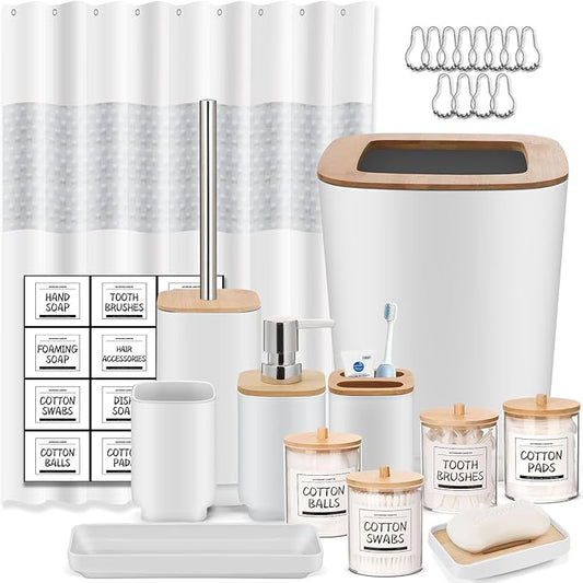 Bathroom Accessories Set,White Bathroom Set,24 Pieces Bathroom Accessory Set with Shower Curtain,Trash Can for Bathroom Accessories Décor and Home Gifts