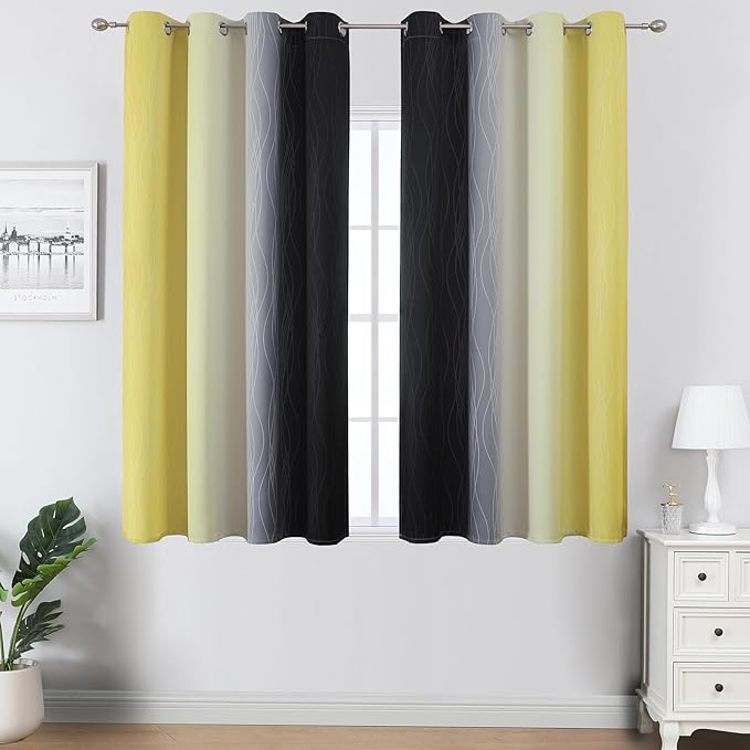 Estelar Textiler Black and Yellow Ombre Blackout Curtains 45 Inches Long, Full Room Darkening Gradient Drapes for Kitchen, Thermal Insulated Grommet Curtains for Short Window,52Wx45L,2 Panels