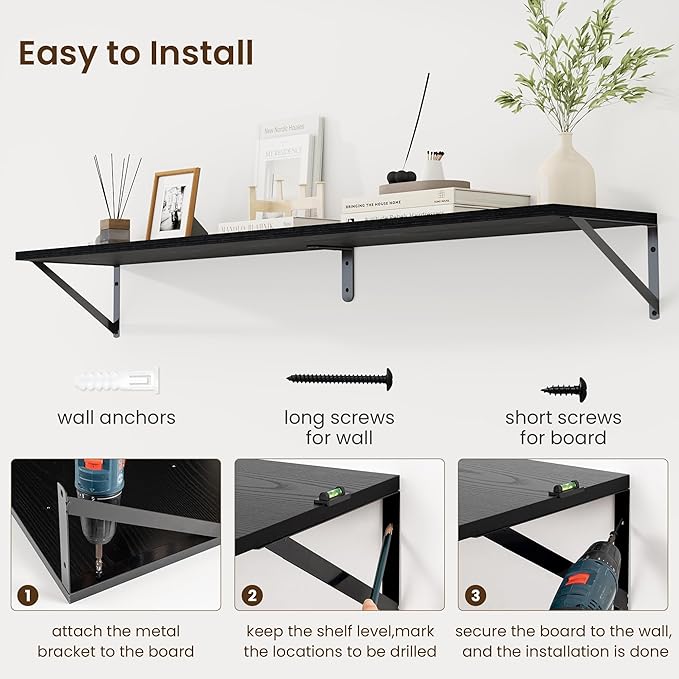 Fun Memories Deep Floating Shelves for Wall, 55W x 8D Wall Mounted Shelves Set of 2, Wide Display Ledge Shelf with Sturdy Metal Brackets for Living Room, Bathroom, Bedroom and Kitchen, Black