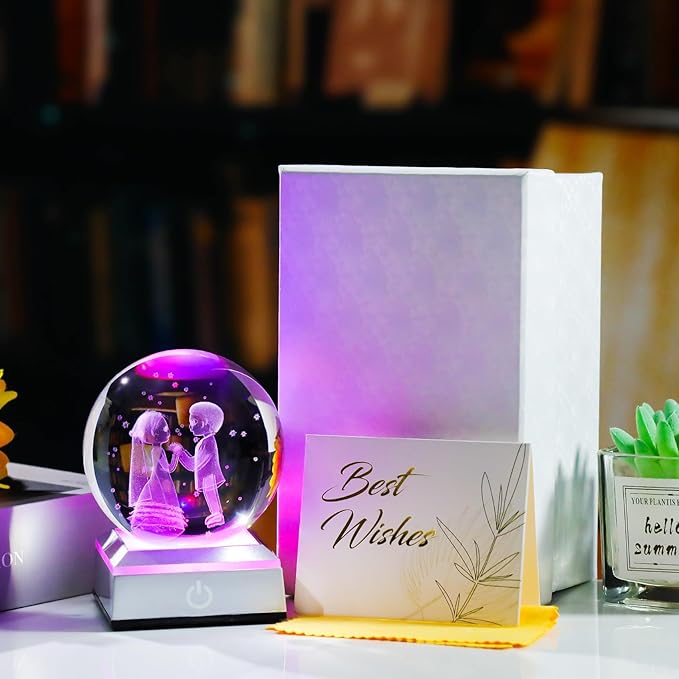 3D Crystal Ball Engraved Wedding Couples with LED Light Base 3.15'' - Gifts for Bride and Groom, Friend, Sister - Married Anniversary Presents for Partner Sweet Newlyweds Home Decor