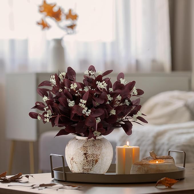 20 Pcs Fall Artificial Eucalyptus Stems 20" Burgundy Silk Fake Eucalyptus Leaves with Berries Fresh Dried Fall Greenery Stems Burgundy Plant Arrangement for Autumn Wedding Vase Table Centerpiece Decor