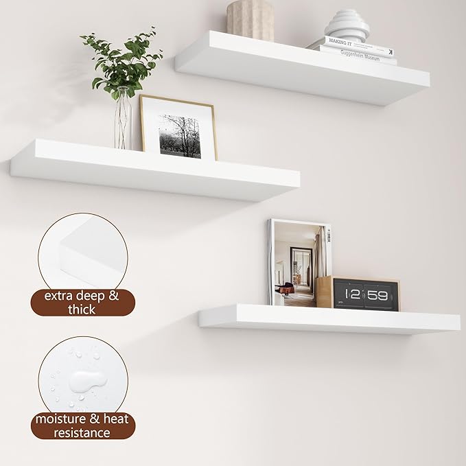 fuqing White Floating Shelves for Wall - 24 Inch Wide x 6.7 Inch Deep Solid Wood Shelves Set of 2 - White Wood Ledge Shelf for Bedroom Bathroom Living Room Kitchen