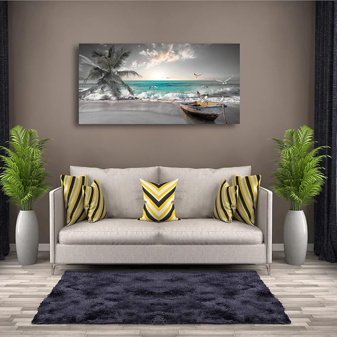 Beach Sea Wave Pictures Canvas Wall Art For Living Room Bedroom Wall Decor,Sea Wave Wall Art Print Paitnings For Home Decor,Morden Artwork Palm Boat Canvas Art Waterproof Ready To Hang-24x48 Inches