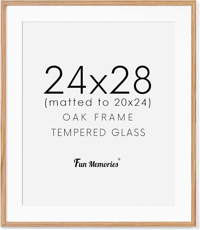 24x28 Picture Frame, Solid Oak Wood Frame 24 by 28, Rustic Wood Poster Frame 24"x28", 24x28 Frame with Mat for 20x24, 24 x 28 Frame with Tempered Real Glass (Natural Oak Color, 1 Pack)