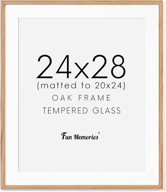 24x28 Picture Frame, Solid Oak Wood Frame 24 by 28, Rustic Wood Poster Frame 24"x28", 24x28 Frame with Mat for 20x24, 24 x 28 Frame with Tempered Real Glass (Natural Oak Color, 1 Pack)