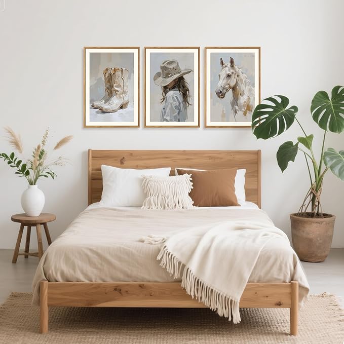 CHDITB Western Cowgirl Framed Canvas Wall Art Set, Farmhouse Wall Decor, Highland Horse Boots Artwork Painting,Vintage Country Hat Art Prints for Living Room Girls Dorm Bedroom Apartment-16 x24 x3