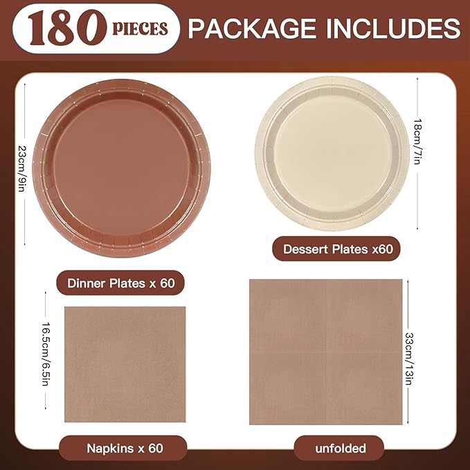 180Pcs Brown Paper Plates Party Supplies Boho Paper Plates and Napkins Serve 60 Disposable Tableware Set for Birthday Party Decorations Game Day Family School Holiday Sports Events
