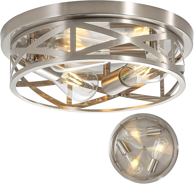 13 inch Brushed Nickel Flush Mount Ceiling Light Fixtures,3-Light Industrial Farmhouse Ceiling Light Fixture,Brushed Nickel Light Fixture Ceiling Mount for Kitchen Bedroom Living Room Hallway 1 Pack