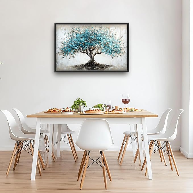 Flintis Large Tree of Life Framed Wall Art Teal Blue Tree Pictures Wall Decor Abstract Natural Landscape Canvas Painting Print Artworks Framed for Living Room Bathroom Master Bedroom 36L X 24W