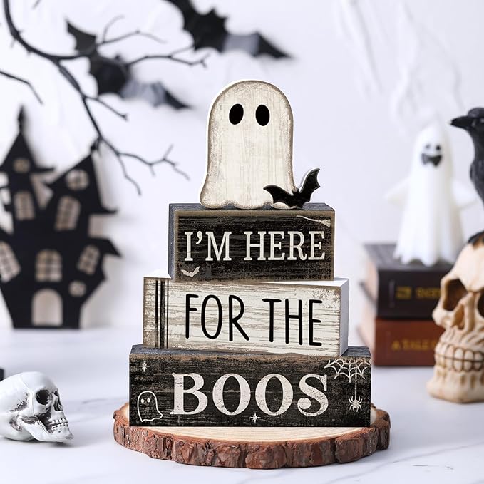 4 Pcs Halloween Table Decoration Wooden Ghost Tiered Tray Decor Rustic Wood Bat Ghost Block Signs Halloween Centerpiece Farmhouse for Home Tabletop Kitchen Shelf and Party Gift