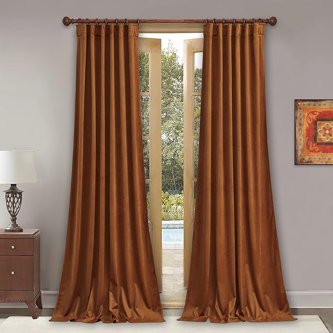 StangH Fall Curtains Back Tab Burnt Orange Curtains Insulated Room Darkening Velvet Drapes, Retro Privacy Window Door Panels for Living Room Home Decor, W52 x L105, 2 Panels