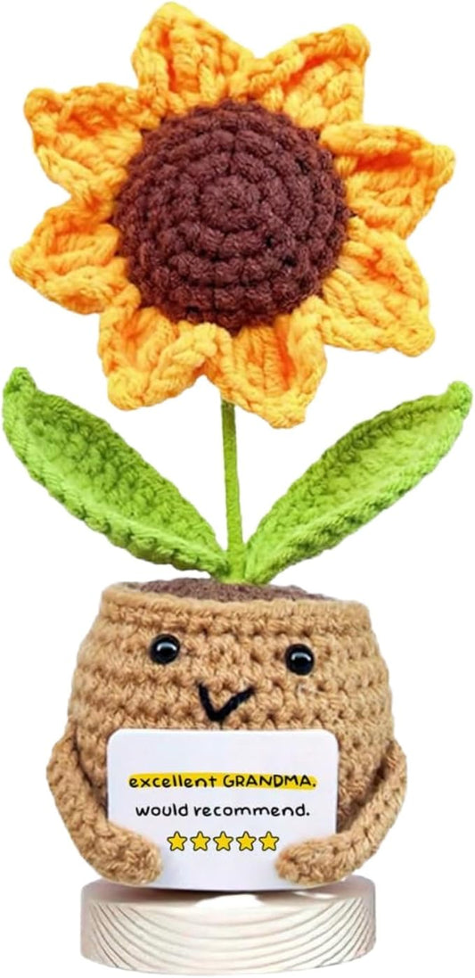 Gossby Positive Sunflower Doll Crochet with Card - Excellent Grandma Would Recommend - Gift for Grandma from Granddaughter, Grandson, Grandkid - Mothers Day, Christmas, Birthday Gift for Grandmother