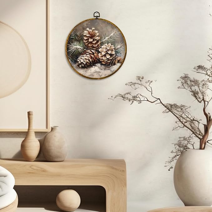 CUANFDDSF Vintage Christmas Winter Pinecones Round Wall Art Decor, Rustic Nature Pine Cone Wall Hanging Frame Decor, Farmhouse Christmas Winter Canvas Prints Decorations for Home Bedroom, 10x10 Inch