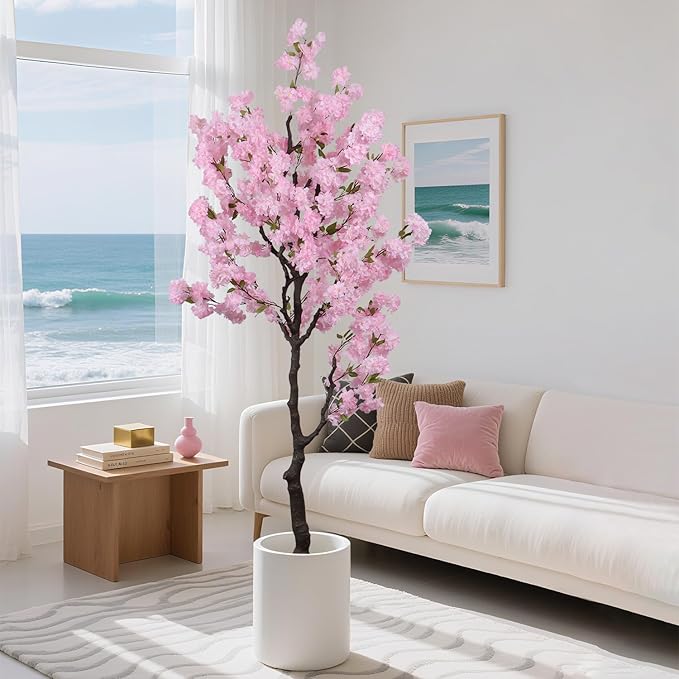 Artificial Pink Cherry Blossom Tree 7ft(83in) Tall Fake Silk Leaves Indoor Decor Handmade Lifelike Sakura Tree for Wedding Realistic Cherry Plant in Pot for Home Living Room,Office,Outdoor Decor