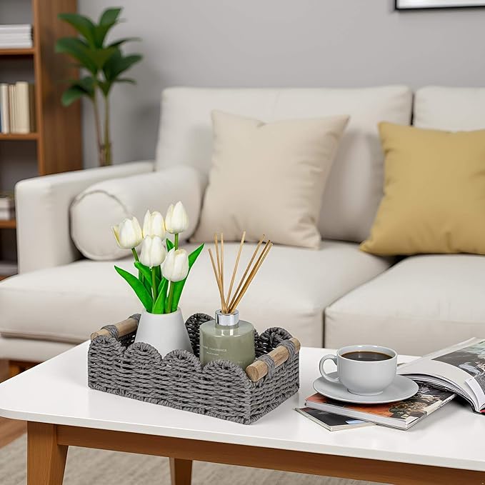 CubesLand Scalloped Edge Decor Baskets for Home, Living Room, Toilet Paper Storage Basket for Over Toilet Tank Top, Storage Shelf, Cute Small Paper Rope Baskets Both Storage&Decor, Set 2 Grey