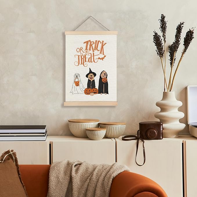 Supwhd Trick or Treat Halloween Ghost Dogs Pumpkin Wall Art with Wooden Poster Hanger, Ghost Dog Decor, Halloween Pictures Wall Decor, Spooky Wall Decor, 12x16