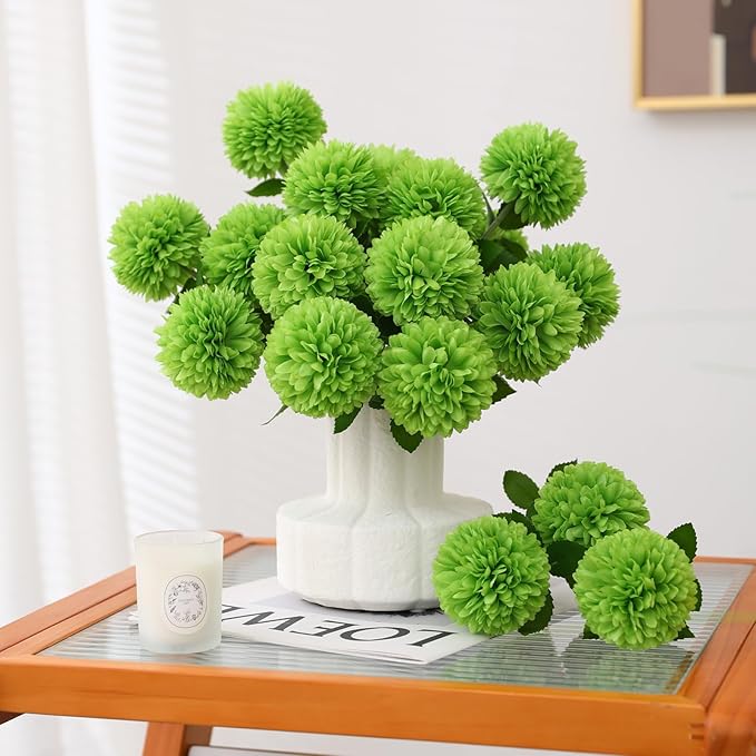 Floweroyal 24pcs Green Flowers Artificial Chrysanthemum Ball Silk Hydrangea Flowers Bridal Wedding Bouquet for Home Garden Party Office St Patricks Day Decor