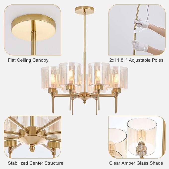 Brass Modern Chandeliers, Metal 8-Lights Chandelier Light Fixture with Amber Glass Shade, Hanging Pendant Lighting for Living Room, Dining Room, E26