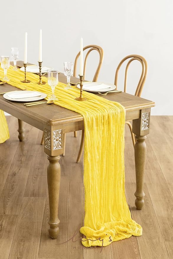 Ling's Moment 14Ft Creamy Yellow Cheesecloth Table Runner Lemon Boho Chic Gauze Semi-Sheer Tablecloth for Wedding Celebrations for Baby Shower Decorations