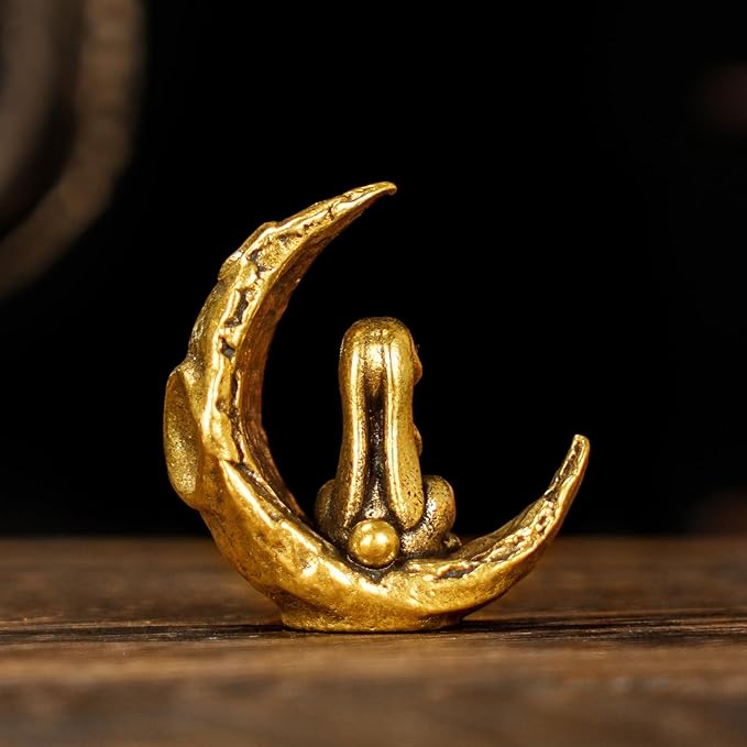 CHOVY Retro Handcrafted Moon Rabbit Sculpture - 100% Solid Brass Adorable Rabbit Sitting on Crescent Moon | Vintage Style Collectible Art Piece for Home & Office | Unique Gift for Lunar Lovers