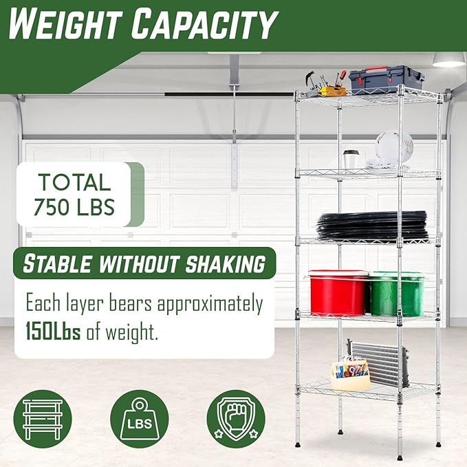 PayLessHere | 5-Tier Wire Shelf | 17"x12"x48" | Chrome | Adjustable Racks | Heavy-Duty Storage Shelves, Holds Upto 750 lbs | Rust-Resistant, No-Tool Assembly | for Home, Garage Shelving
