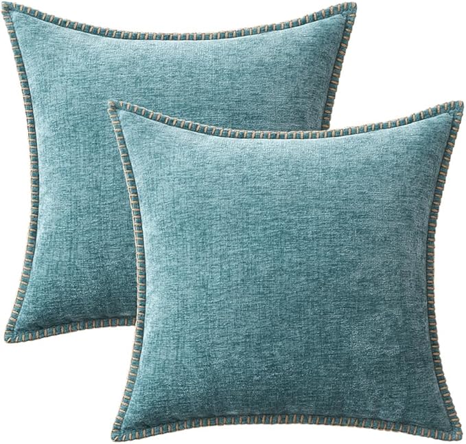 MIULEE Pack of 2 Couch Throw Pillow Covers 16x16 Inch Smoke Blue Farmhouse Decorative Pillow Covers with Stitched Edge Soft Chenille Solid Dyed Spring Pillow Covers for Sofa Bed Living Room