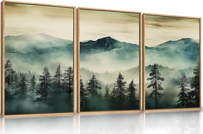 HOURIA Large Boho Mountain Forest Framed Canvas Wall Art Set,Nature Foggy Woodland Wall Decor,Modern Pine Tree Artwork,Watercolor Botanical Art Print for Living Room,Bedroom,Farmhouse- 16"x24"x3