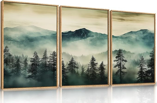 HOURIA Large Boho Mountain Forest Framed Canvas Wall Art Set,Nature Foggy Woodland Wall Decor,Modern Pine Tree Artwork,Watercolor Botanical Art Print for Living Room,Bedroom,Farmhouse- 16"x24"x3