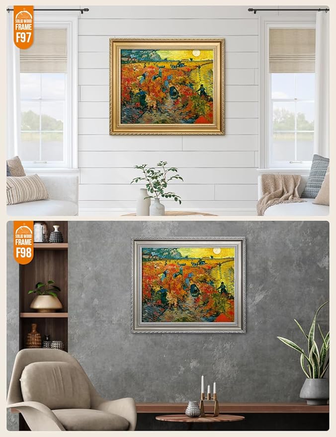 DECORARTS - The Red Vineyards - Vincent Van Gogh Giclee Prints w/Antique Brown Frame for Wall Decor. Picture Size: 20x16, Total Size w/Frame: 23x19