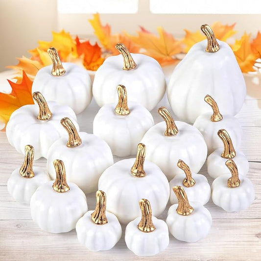DomeStar 18PCS White Pumpkins for Decoration, Artificial Small White Foam Pumpkins Assorted Sizes for Wedding Thanksgiving Farmhouse Table Decor