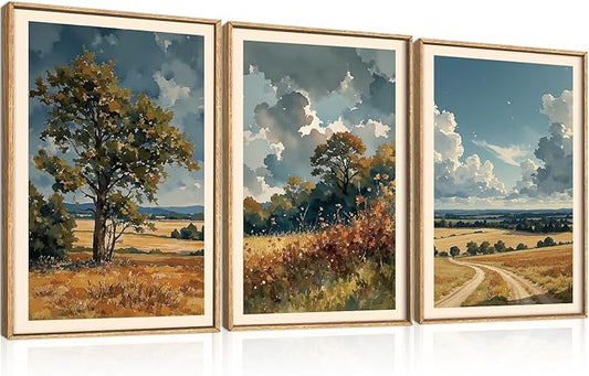 KAIRNE Framed Vintage Watercolor Landscape Wall Art Set of 3, Nature Country Scenery Art Prints, Rustic Farmhouse Wall Decor, Calming Pastoral Paintings for Living Room Bedroom Office, 16x24 Inch