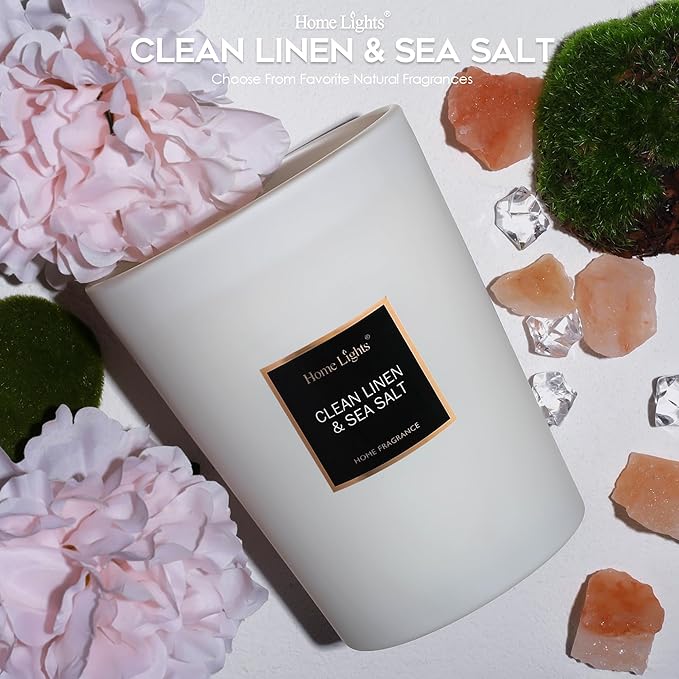 HomeLights Scented Candles - Large Jar Aromatherapy, Natural Soy Wax, 130 Hour Long Burning, Clean Linen & Sea Salt