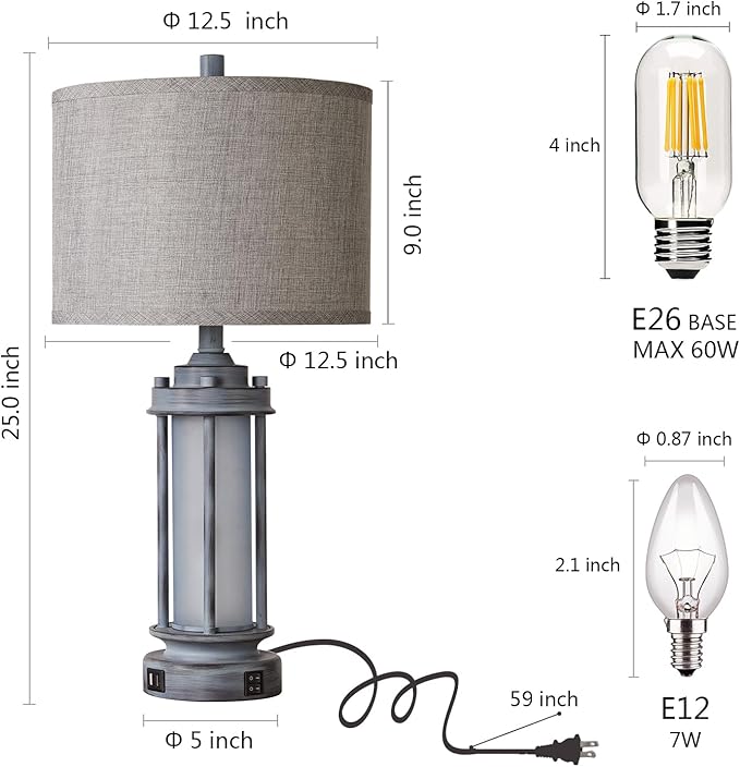 Rustic Table Lamp for Bedroom Living Room with 2 USB Ports, Farmhouse Vintage Nightstand Lamp 25'' with Light Green Glass Nightlight, Antique Retro Desk Lamp for Entryway, 2 Bulbs Included