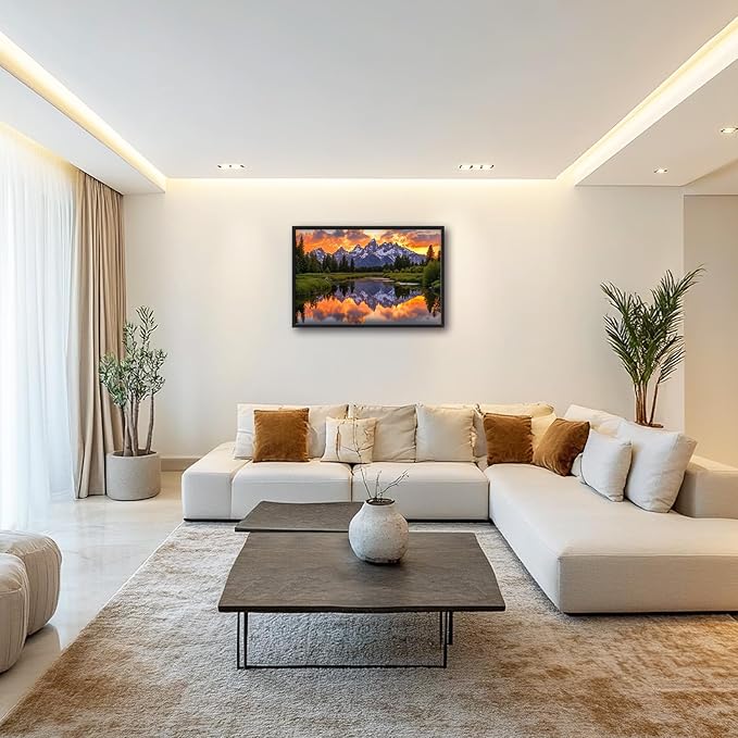 Large Mountain Lake Wall Art for Living Room, Forest Tree Canvas Wall Decor, Sunset Pictures Framed Painting, Natural Landscape Artwork for Bedroom Office 36L'' × 24W''