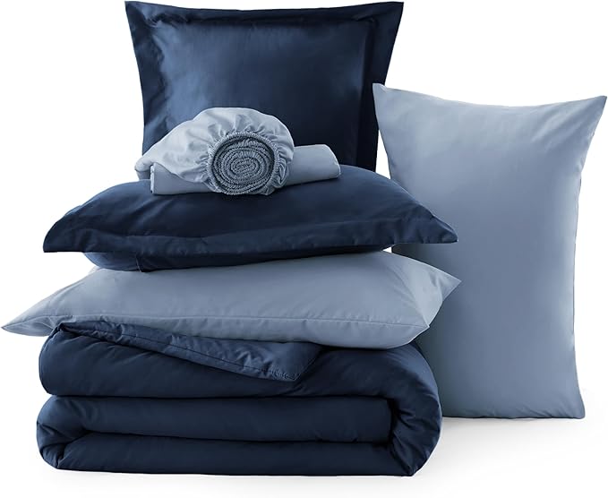 Bedsure Queen Comforter Set - 7 Pieces Navy Queen Bedding Set for All Seasons, Boho Contrasting Design Bed in a Bag with Comforter, Sheets, Pillowcases & Shams