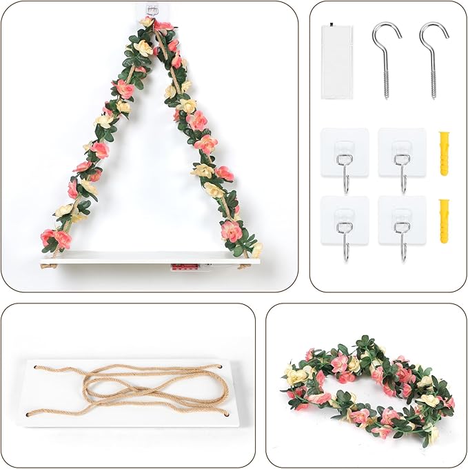 Floating Shelves for Wall No Drilling,Wall Dcorations Art,Hanging Shelf,Leaves and Light Strip with Flower,Set of 2 Plant Decor for Home House Livingroom Bedroom Officer,Boho Decor,Gifts for Woman