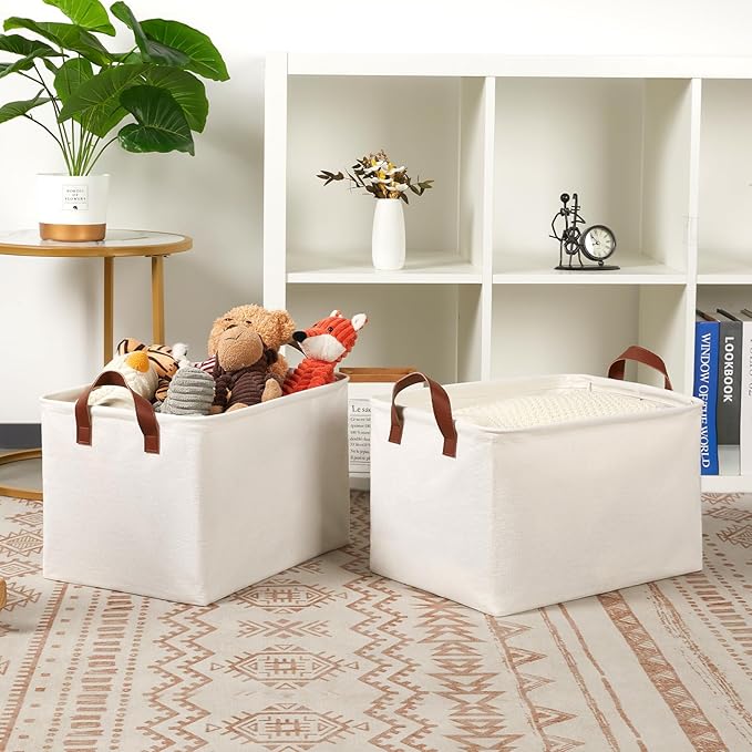DULLEMELO Large Fabric Storage Bins Set of 2 Rectangle Closet Baskets for Clothes, Towels, Shoes, Natural Color