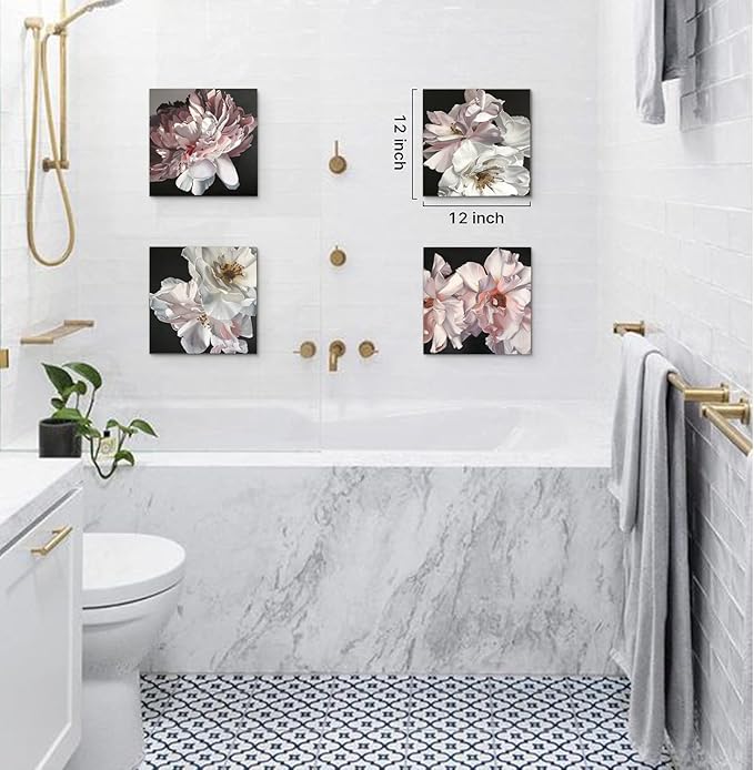 Yxbhhym Floral Canvas Wall Art White Flowers Wall Picturs Prints Pink Florals Artwork for Wall Décor Painting Poster for Bathroom Art Living Room Decor-Framed Wall Art -12x12inches x 4 pcs