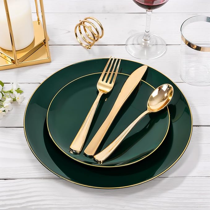 Nervure 100Pcs Green and Gold Plastic Plates - 7.5inch Disposable Green Dessert/Salad Plates - Heavy Duty Plastic Plate Ideal for Wedding & Party & Christmas