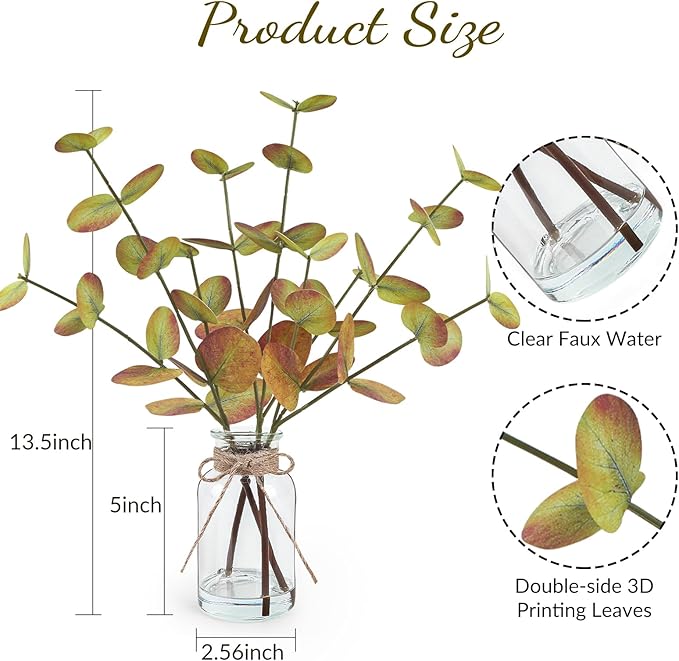 Fall Fake Eucalyptus Stems in Glass Vase with Faux Water 14" Fake Fall Plants with Artificial Eucalyptus Leaves Fall Decorations for Home Bathroom Desk Coffee Table Centerpiece Office Farmhouse Decor
