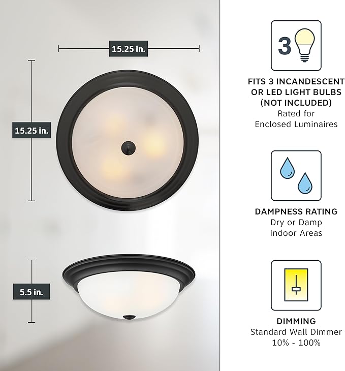 DESIGNERS FOUNTAIN Reedley 3-Lights Flush Mount Ceiling Light, 15 Inch Lighting Fixture for Kitchen, Bedroom, Bathroom, and Hallway, Matte Black with Etched Glass, 1257L-MB-W