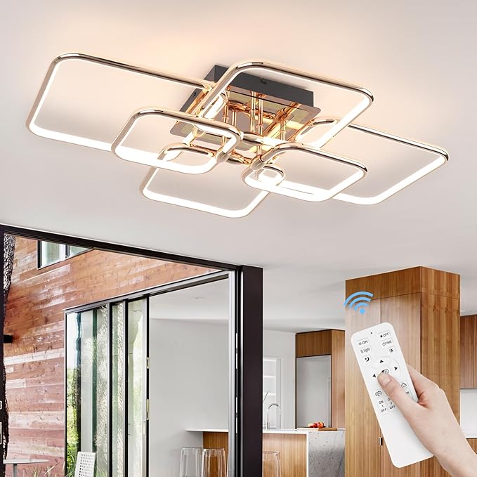 72W Modern LED Ceiling Light 6-Square Dimmable Ceiling Light Fixtures with Remote 3000K-6000K Gold Close to Ceiling Lights Flush Mount Ceiling Lamp for Bedroom Living Room Dining Room
