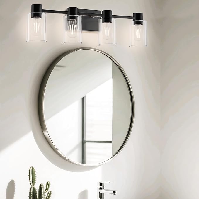 4-Light Modern Vanity Light Fixtures Over Mirror, Matte Black Bathroom Light Fixtures, Vanity Lights, Wall Sconce with Clear Glass Shade for Bathroom, E26 Base