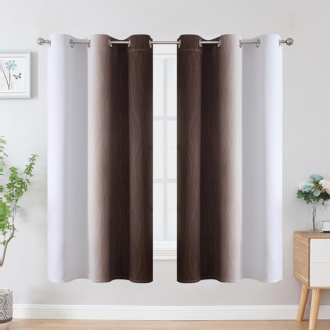 Estelar Textiler Brown and Greyish White Ombre Blackout Curtains for Bedroom, Full Room Darkening Grommet Curtains for Living Room, Thermal Insulated Light Blocking Gradient Drapes, 42Wx63L,2 Panels