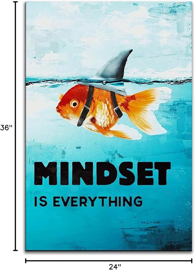 Mindset is Everything Poster Inspiration Wall Art Goldfish Pictures Big Shark Canvas Painting Poster Print Artwork Modern Home Decor for Living Room Bedroom Office Framed Ready to Hang [24''W x 36''H]