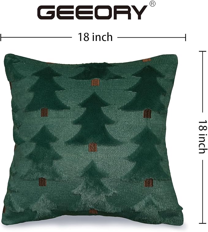 GEEORY Christmas Pillow Covers 18x18 Inch Set of 2, Christmas Decorations Xmas Tree Soft Plush Fluffy Faux Fur Decorative Throw Pillows Rustic Winter Decor Cushion Case Green Brown GC033-18