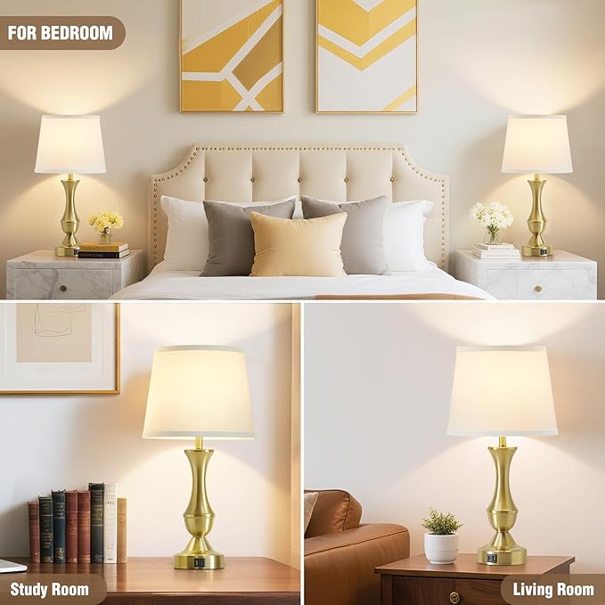 Luvkczc 22" Gold Table Lamps Set of 2 - Modern Luxury Bedside Lamps with White Fabric Shade, 3-Way Dimmable & Dual USB C+A Ports, Nightstand Lamps for Bedroom/Living Room (Bulb Included)