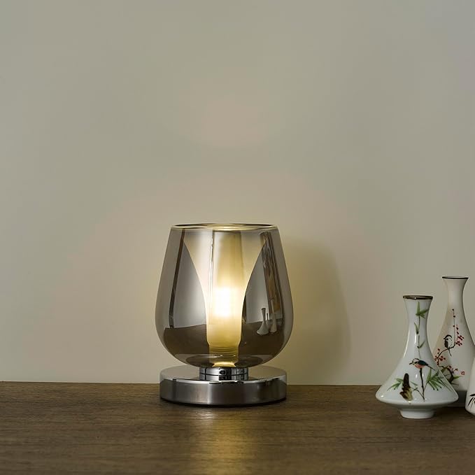 Small Touch Bedside Table Lamp, Modern Small Lamps for Bedroom Living Room Nightstand, Desk lamp with Smoky Grey Glass Lampshade, 4 x 4 x 5 inch Accent Night Light for Dining Room and Office